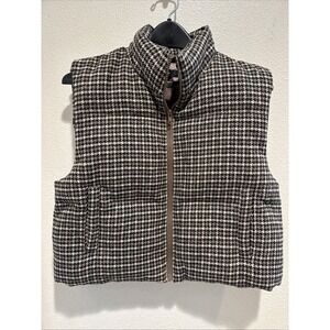 Lulas Womens S Brown Houndstooth Puffer Vest Full Zip Pockets Classic Look